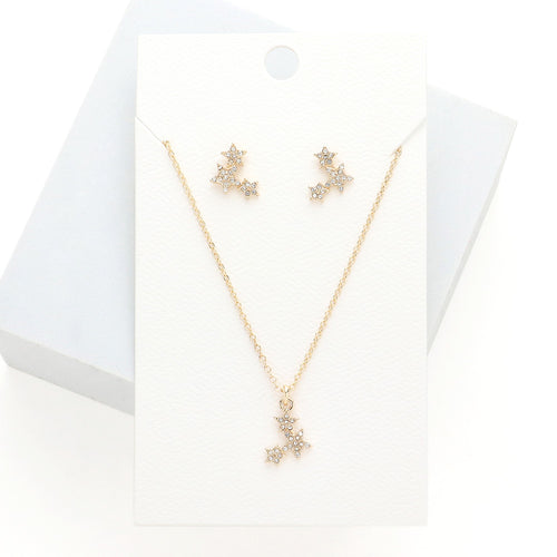 Rhinestone Embellished Triple Star Pendant Necklace - Gold