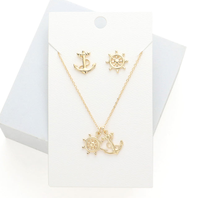 Gold Metal Ship Wheel Anchor Pendant Necklace
