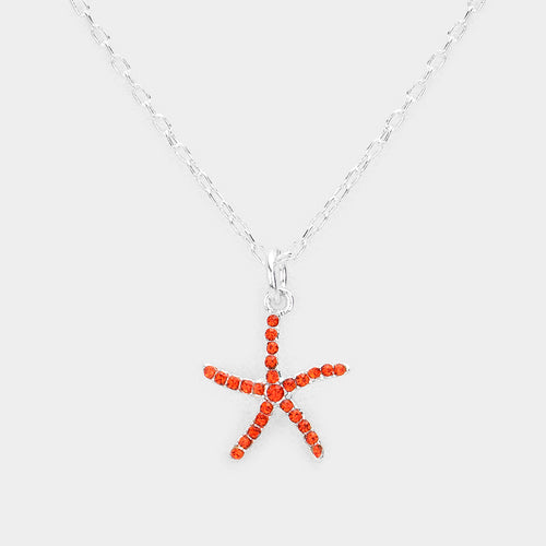 Rhinestone Embellished Starfish Pendant Necklace - Orange