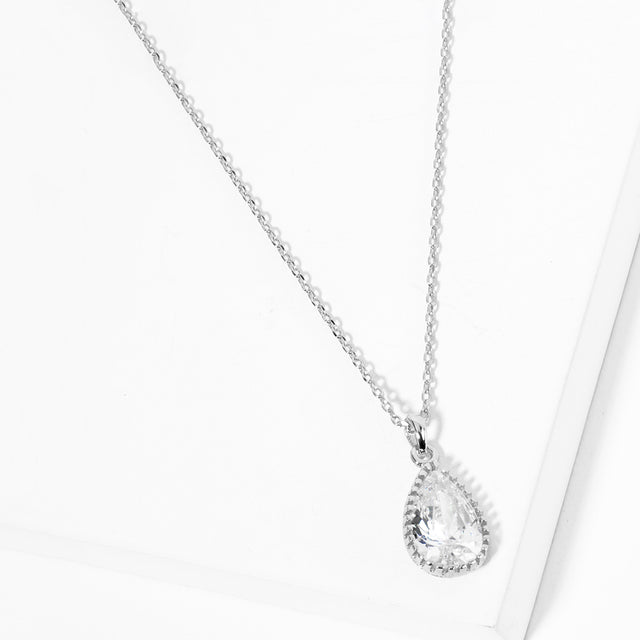 Madeline Love Clear, Rhodium Gold Dipped CZ Teardrop Stone Pendant Necklace - Jewelry