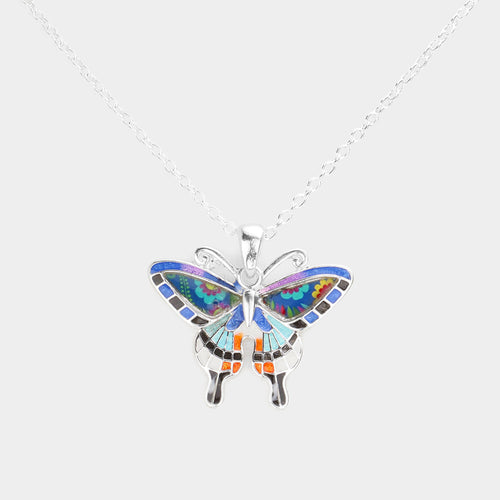 Patterned Butterfly Pendant Necklace - Multi