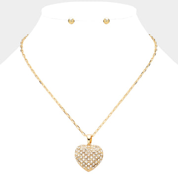 Stone Paved Heart Pendant Necklace - Gold - Necklaces
