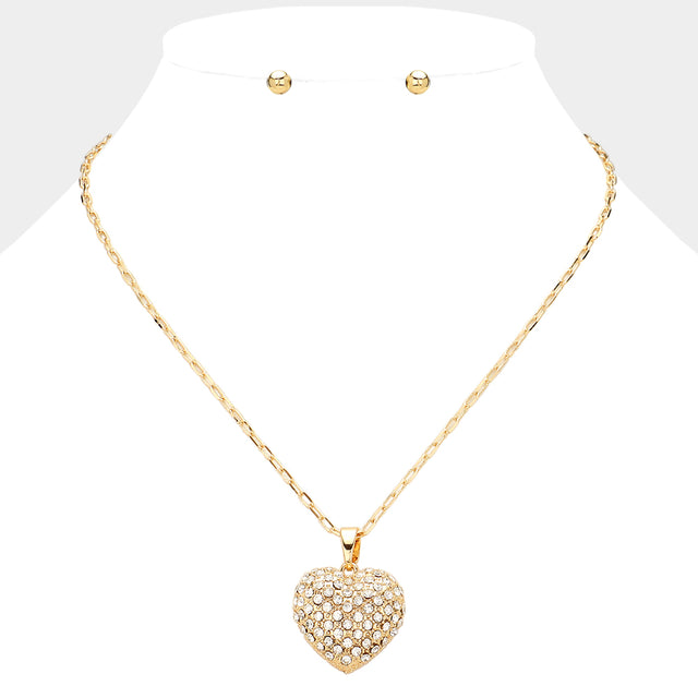 Stone Paved Heart Pendant Necklace - Gold - Necklaces