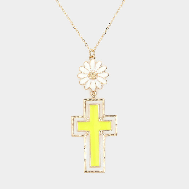 Madeline Love Yellow Daisy Flower Cross Link Pendant Necklace - Necklaces