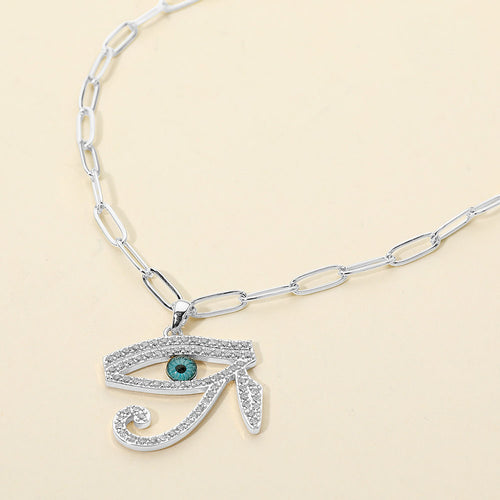 Stainless Steel CZ Stone Paved Eye of Horus Pendant Paperclip Chain Necklace - Clear, Silver