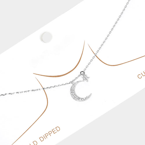 White Gold Dipped Cubic Zirconia Moon Star Pendant Necklace - Rhodium