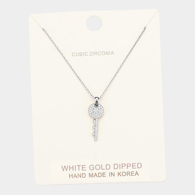 Madeline Love Clear, Rhodium White Gold Dipped Cubic Zirconia Key Pendant Necklace - Necklaces