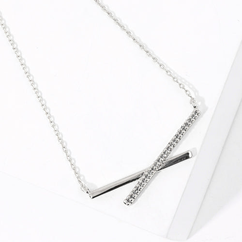 White Gold Dipped CZ Stone Paved Crisscross Pendant Necklace - Clear, Rhodium