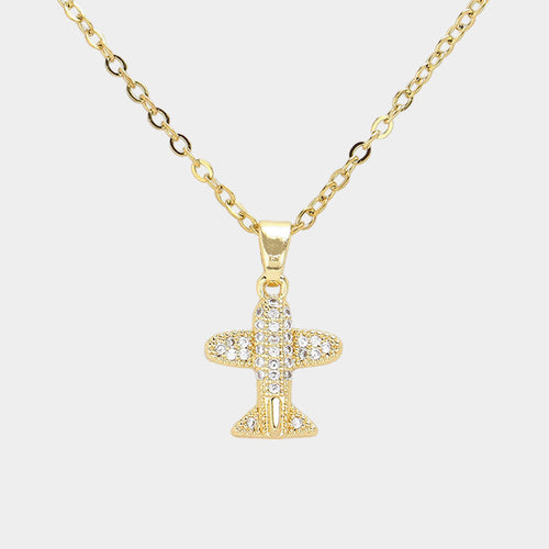 CZ Stone Paved Airplane Pendant Stainless Steel Necklace - Gold