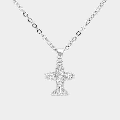 CZ Stone Paved Airplane Pendant Stainless Steel Necklace - Silver