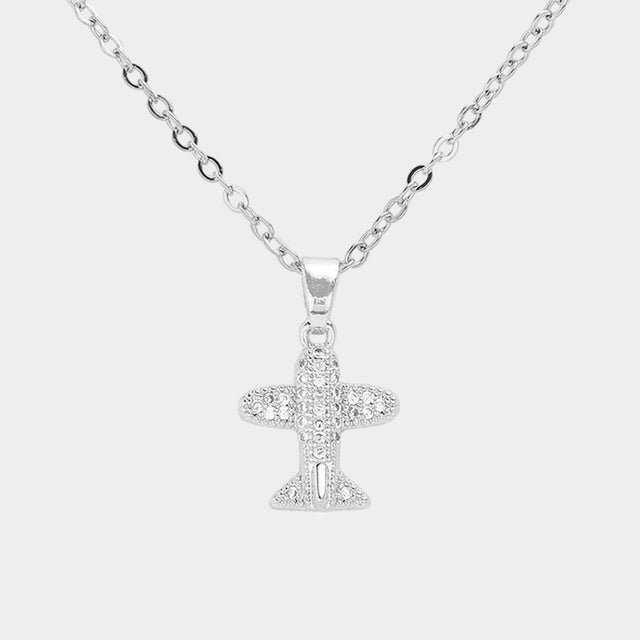 Madeline Love Silver CZ Stone Paved Airplane Pendant Stainless Steel Necklace - Jewelry