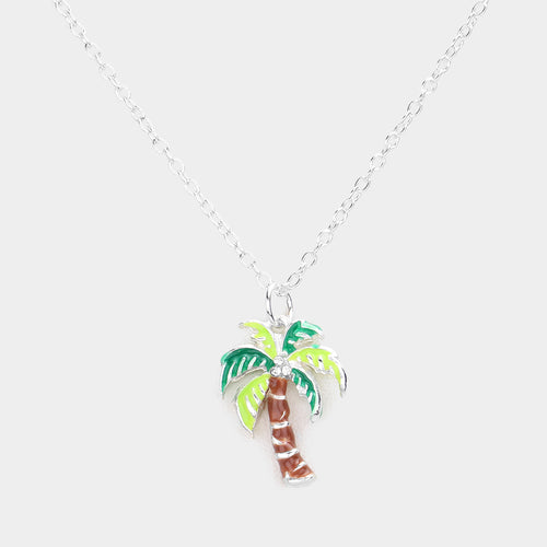 Rhinestone Embellished Enamel Palm Tree Pendant Necklace - Green