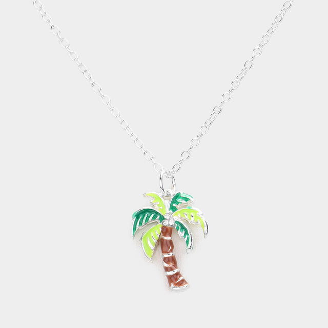 Madeline Love Green Rhinestone Embellished Enamel Palm Tree Pendant Necklace - Necklaces