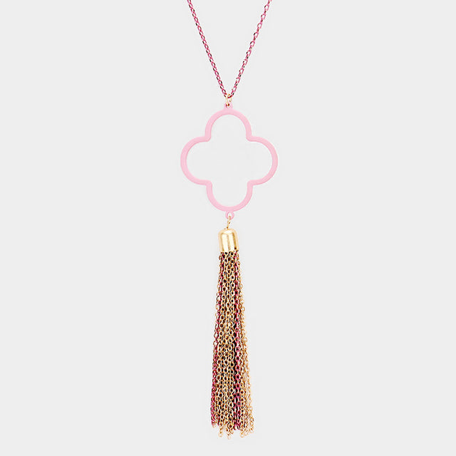 Madeline Love Purple , Worn Gold Colored Clover Metal Chain Tassel Pendant Long Necklace - Necklaces