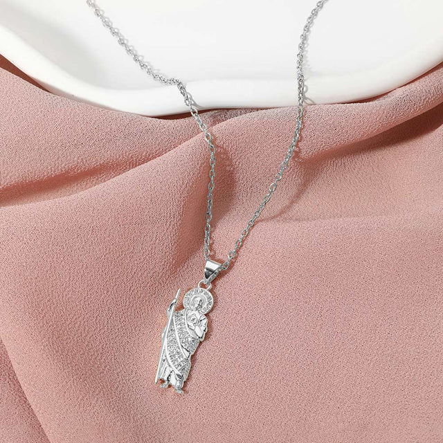 Madeline Love Silver Stainless Steel Stone Paved San Judas Pendant Necklace - Jewelry