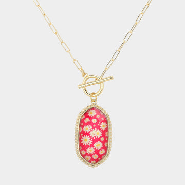 Madeline Love Fuchsia Daisy Flower Patterned Hexagon Pendant Toggle Necklace - Necklaces