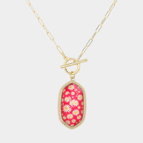 Daisy Flower Patterned Hexagon Pendant Toggle Necklace - Fuchsia