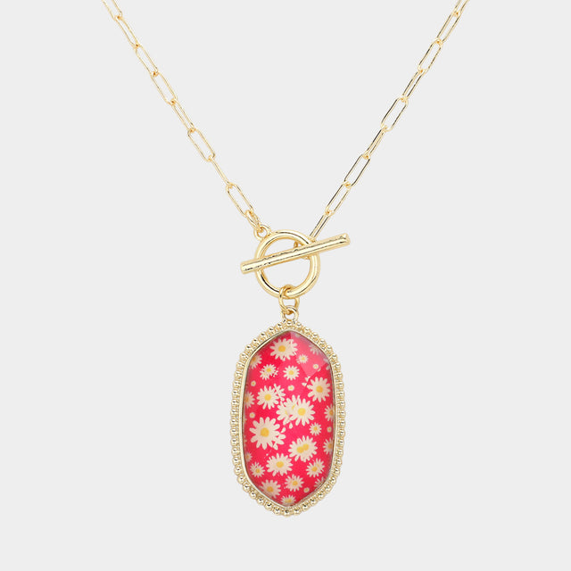 Madeline Love Fuchsia Daisy Flower Patterned Hexagon Pendant Toggle Necklace - Necklaces