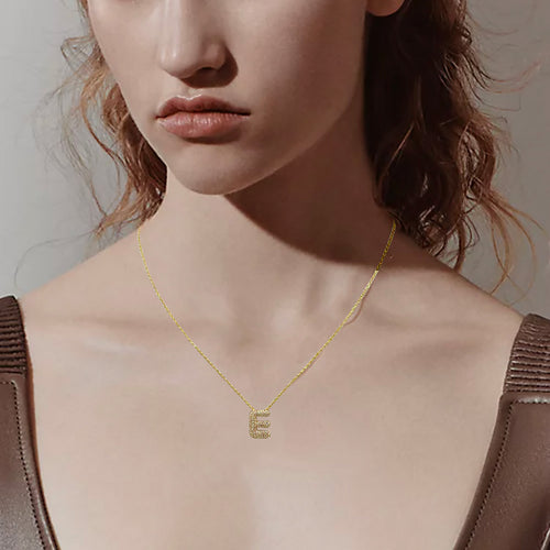 -E- 14K Gold Dipped CZ Stone Paved Initial Monogram Pendant Necklace - Gold