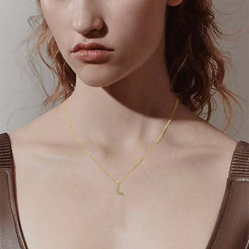 -L- 14K Gold Dipped CZ Stone Paved Initial Monogram Pendant Necklace - Gold
