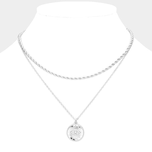 Rhinestone Embellished Evil Eye Round Pendant Layered Necklace - Rhodium