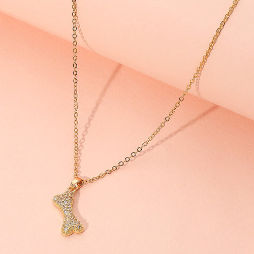 Stainless Steel Stone Paved Bone Pendant Necklace - Clear, Gold