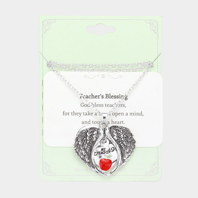 Madeline Love Antique Silver Teacher's Blessing No.1 Teacher Message Enamel Apple Pointed Angel Wings Pendant Necklace - Necklaces
