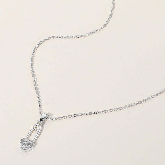 Madeline Love Clear, Silver Stainless Steel Stone Paved Heart Safety Pin Pendant Necklace - Jewelry