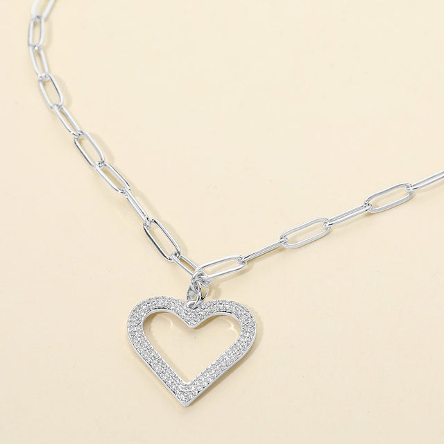 Madeline Love Clear, Silver Stainless Steel CZ Stone Paved Open Heart Pendant Paperclip Chain Necklace - Jewelry