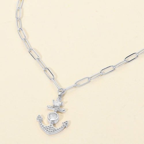 Stainless Steel CZ Stone Star Anchor Pendant Paperclip Chain Necklace - Clear, Silver