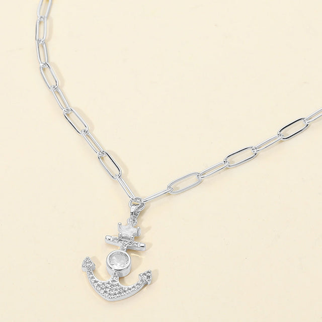 Madeline Love Clear, Silver Stainless Steel CZ Stone Star Anchor Pendant Paperclip Chain Necklace - Jewelry
