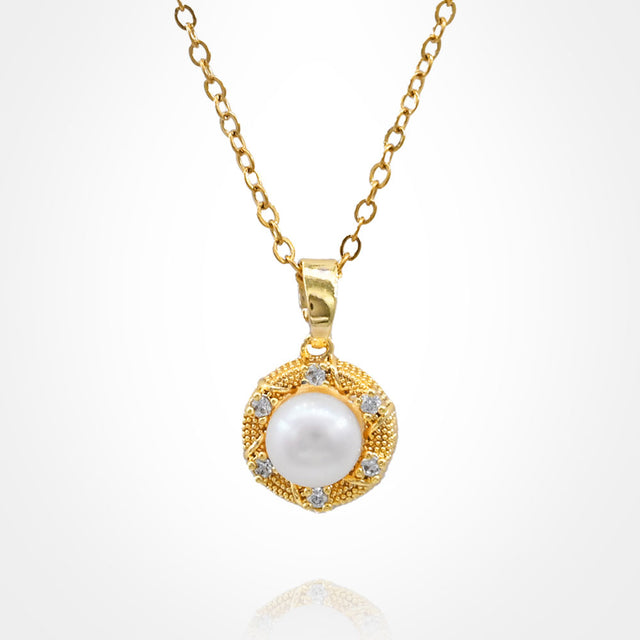 Madeline Love Gold Stainless Steel CZ Stone Rim Pearl Pendant Necklace - Jewelry