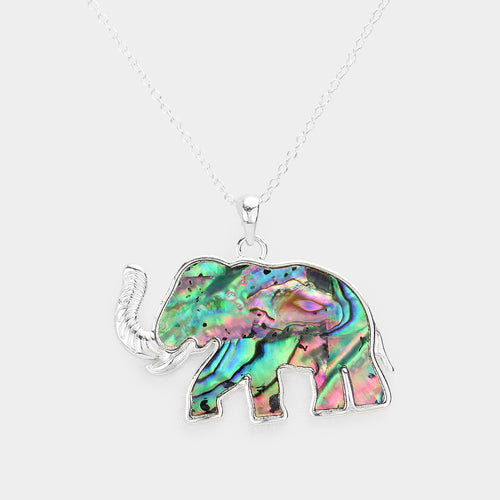 Abalone Embossed Metal Elephant Pendant Necklace - Abalone, Silver