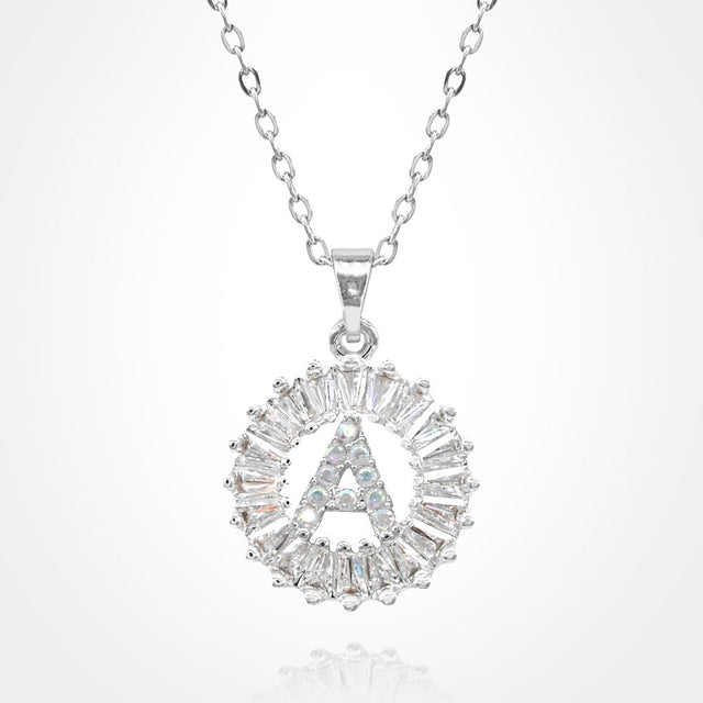 Madeline Love Silver, ~A~ -A- Stainless Steel CZ Stone Embellished Round Initial Monogram Pendant Necklace - Jewelry