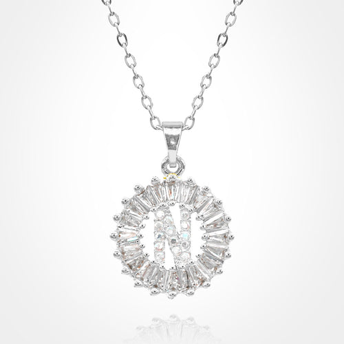 -N- Stainless Steel CZ Stone Embellished Round Initial Monogram Pendant Necklace - Silver, ~N~