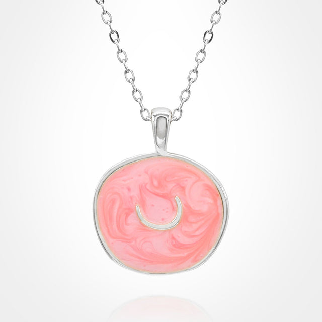 Madeline Love Pink, Silver Stainless Steel Swirl Enamel Tilted Crescent Embossed Pendant Necklace - Jewelry