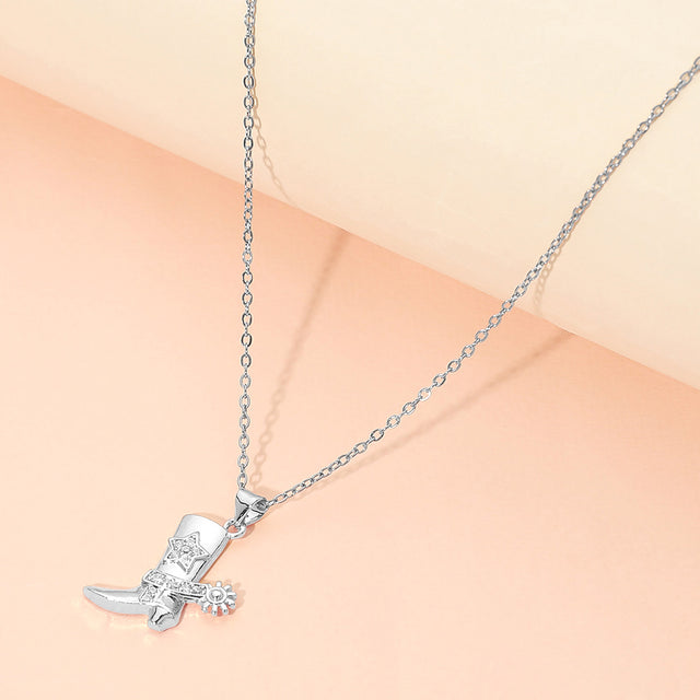 Madeline Love Silver Stainless Steel CZ Stone Paved Star Accent Cowboy Boot Charm Pendant Necklace - Jewelry