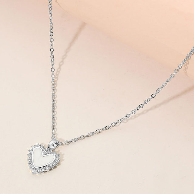 Madeline Love Mother of Pearl, Silver Stainless Steel CZ Trim Mother of Pearl Heart Pendant Necklace - Jewelry