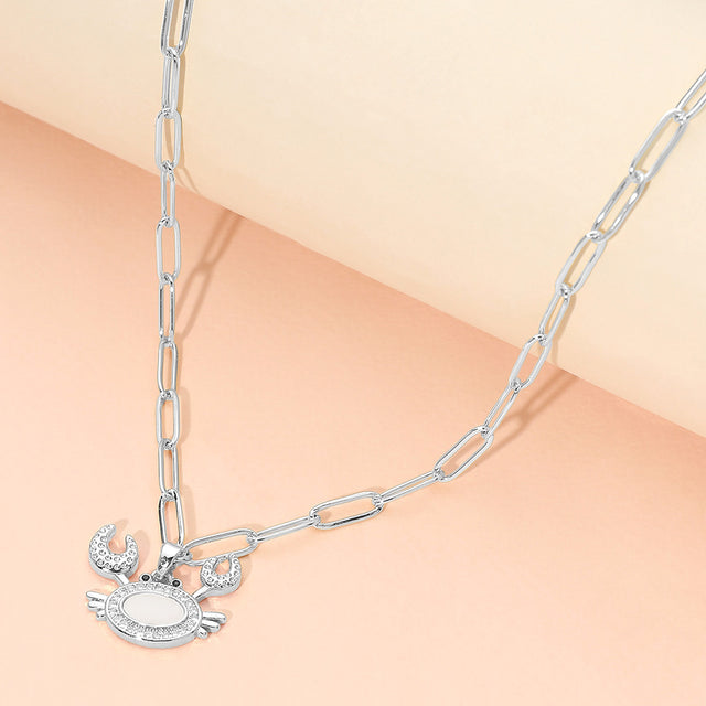 Madeline Love Mother of Pearl, Silver Stainless Steel Mother of Pearl CZ Stone Paved Crab Charm Pendant Paperclip Chain Necklace - Jewelry