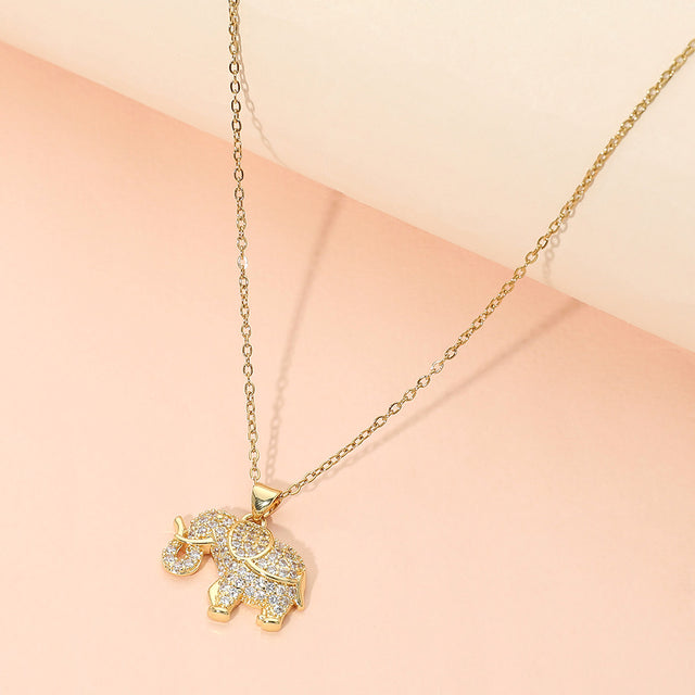 Madeline Love Gold Stainless Steel CZ Stone Paved Elephant Charm Pendant Necklace - Jewelry