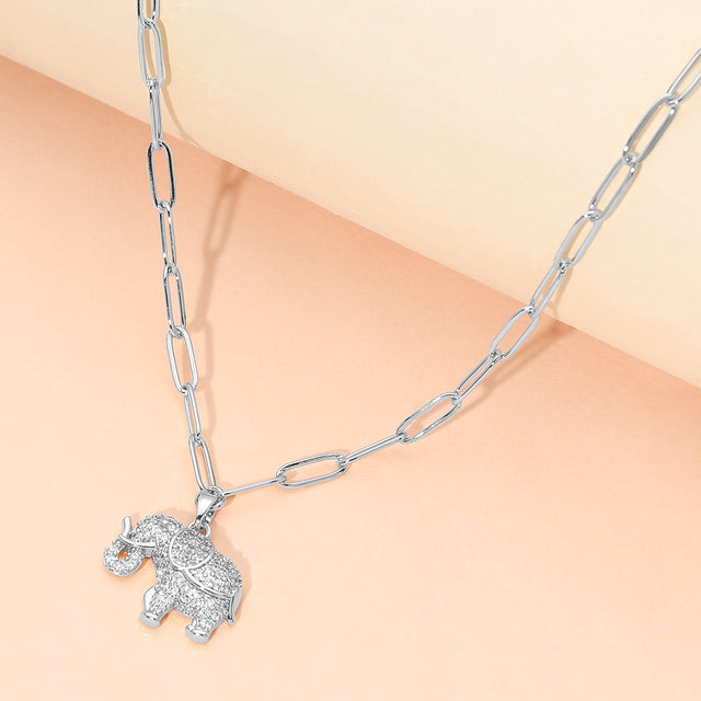 Madeline Love Silver Stainless Steel CZ Stone Paved Elephant Charm Pendant Paperclip Chain Necklace - Jewelry