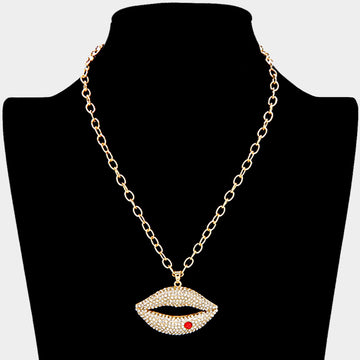 Madeline Love Gold Rhinestone Paved Lip Pendant Necklace - Necklaces