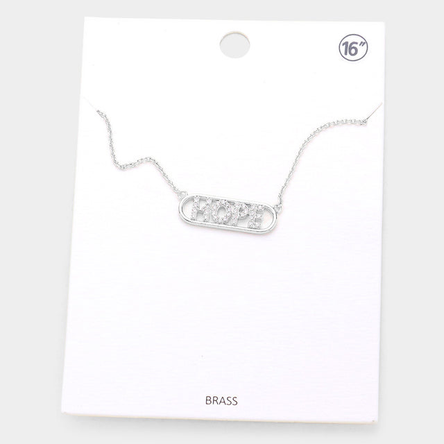 Madeline Love Rhodium HOPE Brass Rhinestone Embellished Message Pendant Necklace - Necklaces