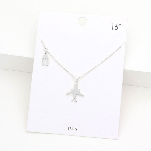 Brass Metal Airplane Suitcase Pendant Necklace - Rhodium