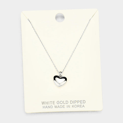 White Gold Dipped Metal Heart Pendant Necklace - Rhodium