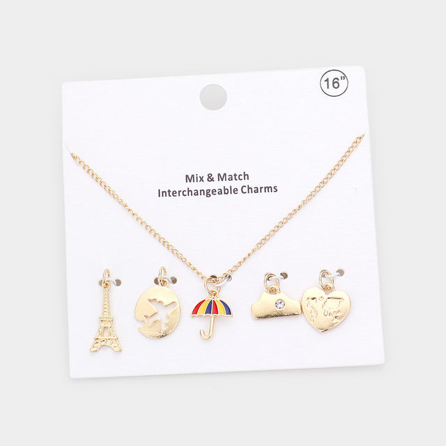 Madeline Love Gold Eiffel Tower Airplane Umbrella Heart Interchangeable Pendant Necklace - Necklaces