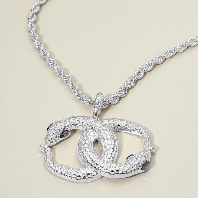 Madeline Love Rhodium Bold Textured Metal Interlocking Snake Pendant Chunky Twisted Chain Necklace - Jewelry