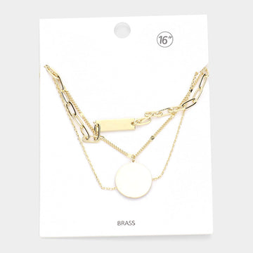 Madeline Love Gold Brass Metal Rectangle Disc Pendant Triple Layered Necklace - Necklaces