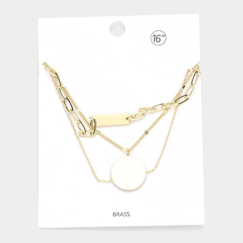 Brass Metal Rectangle Disc Pendant Triple Layered Necklace - Gold