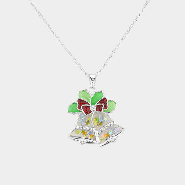 Multi Silver Enamel Christmas Jingle Bell Pendant Necklace